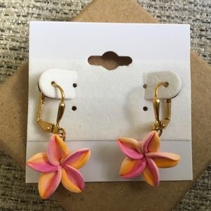 Earrings Gold Plated Pink & Orange Plumeria Flower